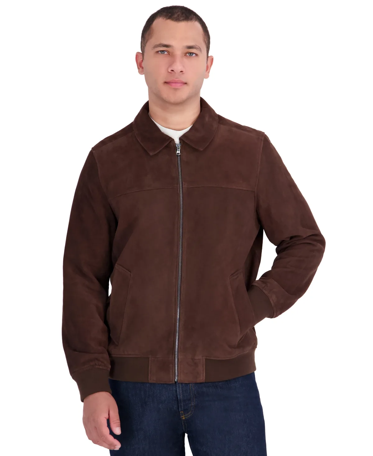 Genuine Suede Shirt-Collar Bomber Jacket