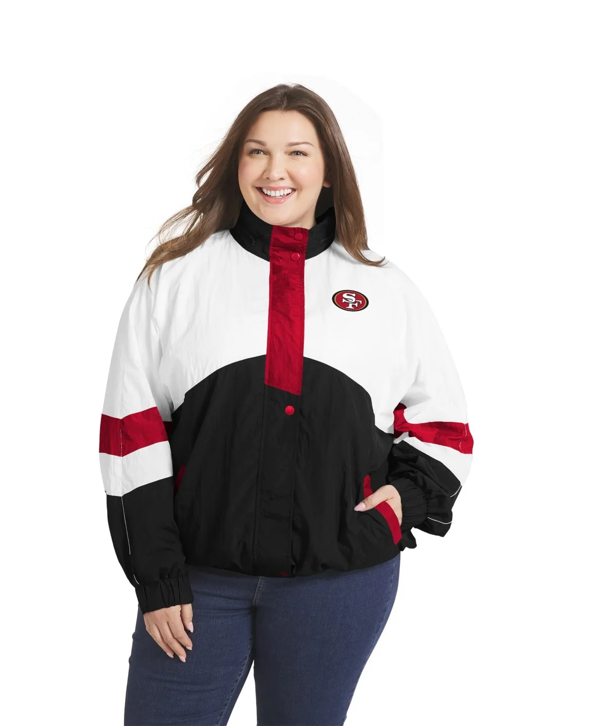 San Francisco 49ers Crinkle Full-Snap Hooded Lightweight Windbreaker Jacket by Wear by Erin Andrews