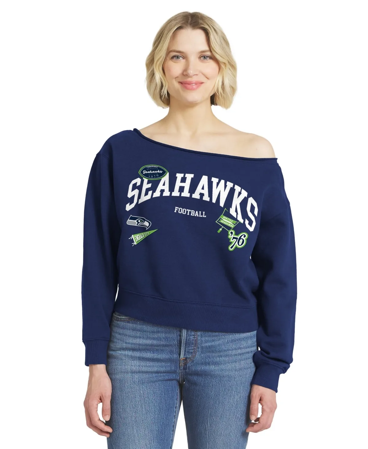 Seattle Seahawks Off-the-Shoulder Screen-Printed Fleece-Lined Sweatshirt by Wear by Erin Andrews