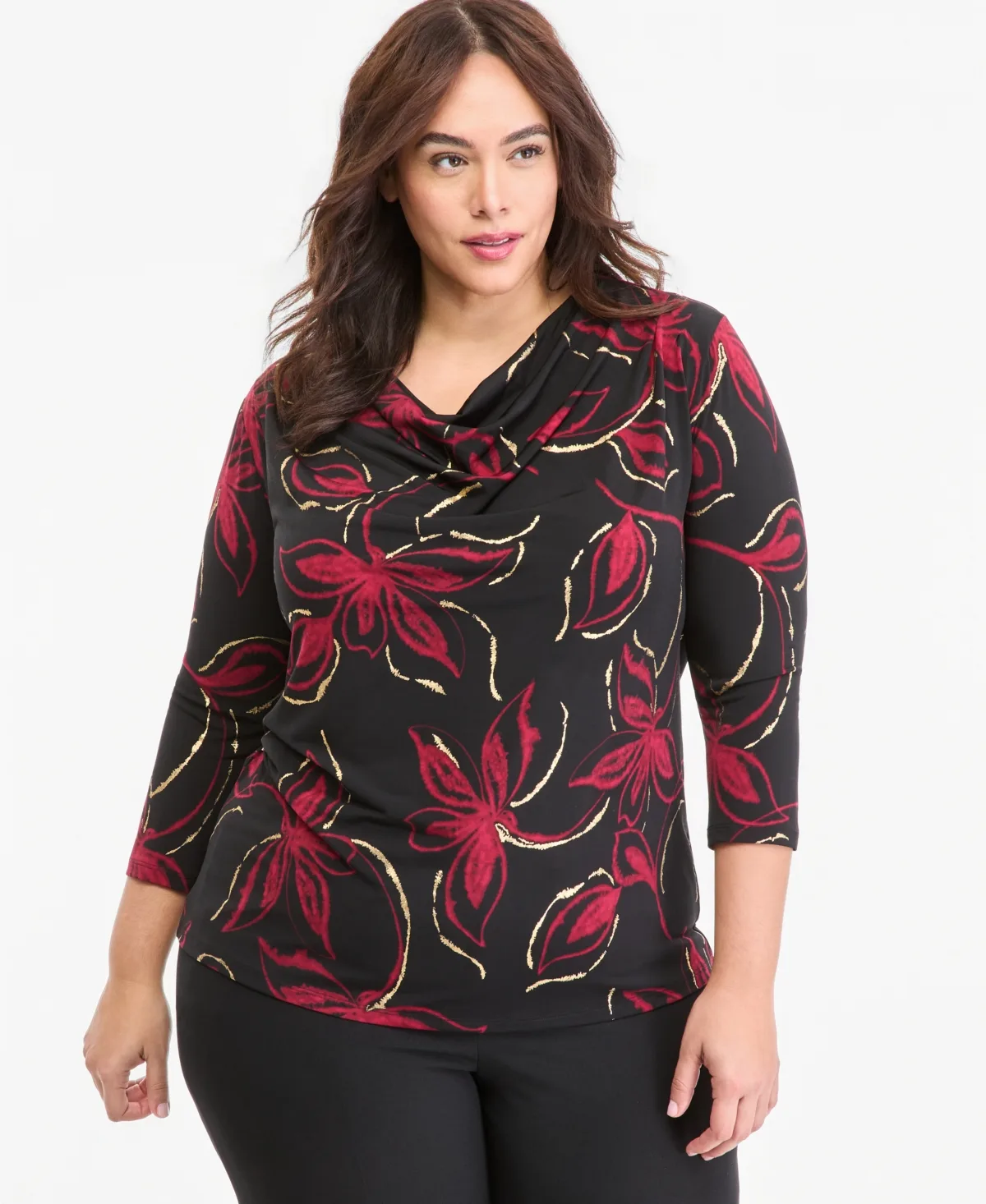 Cowl Neck 3/4-Sleeve Floral Blouse by Anne Klein
