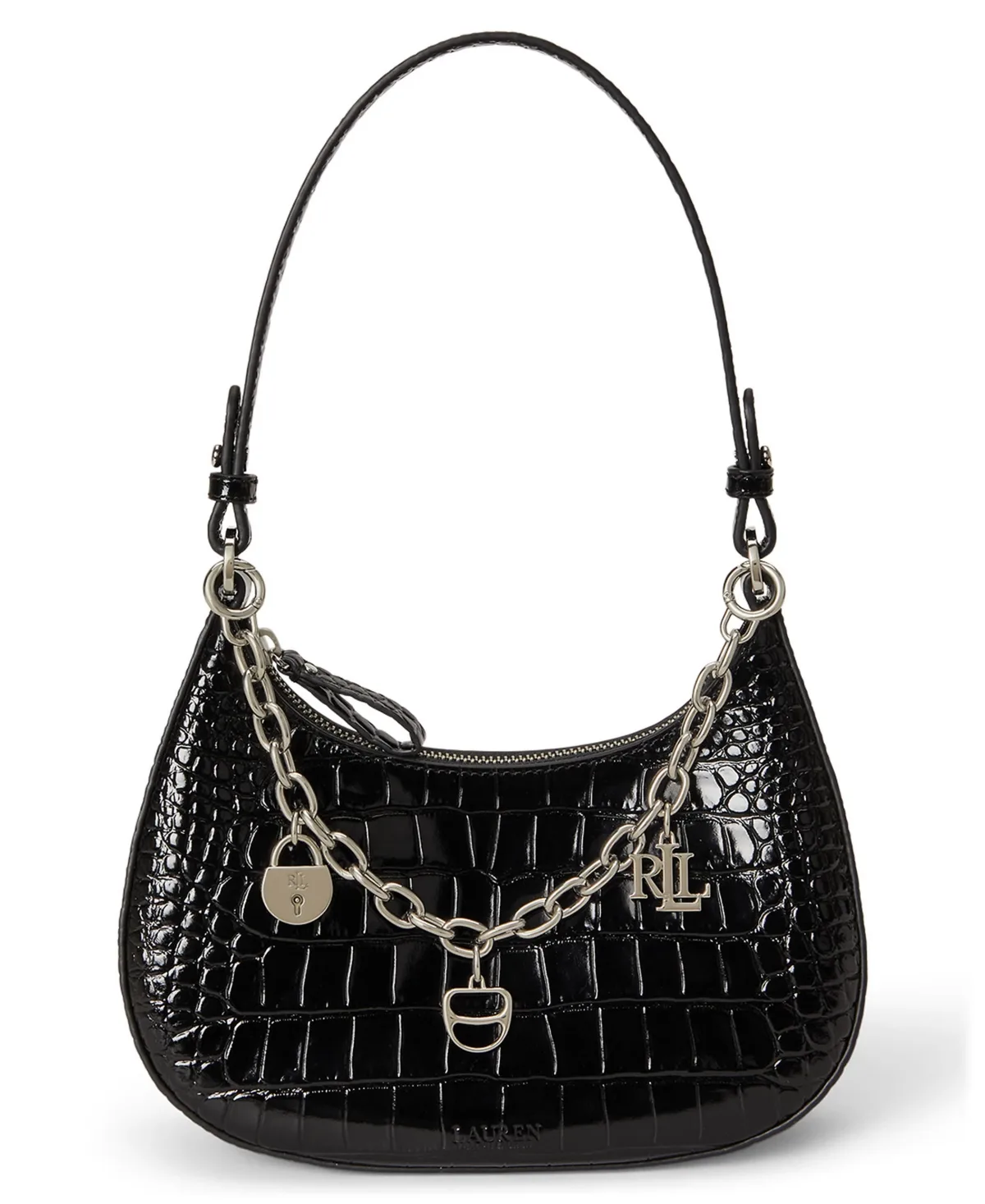 Glossy Embossed Marcy Small Zipper Shoulder Handbag by Ralph Lauren
