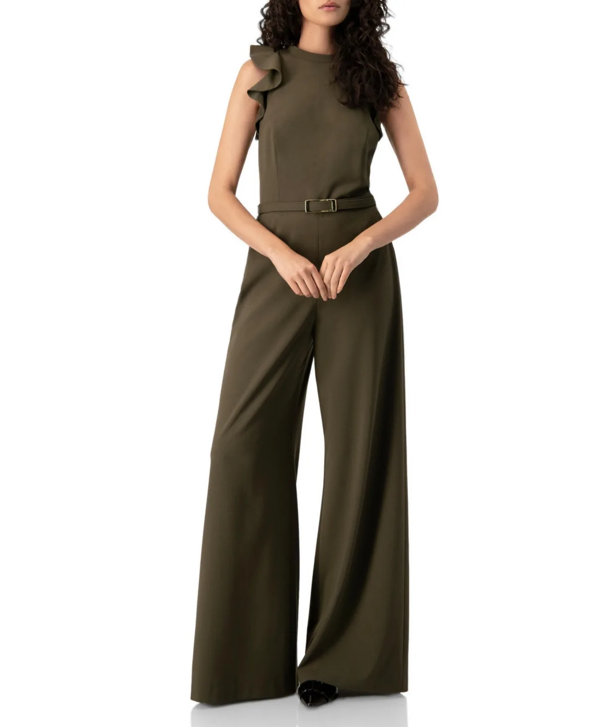 Sleeveless Ruffle-Shoulder Wide-Leg Belted Jumpsuit
