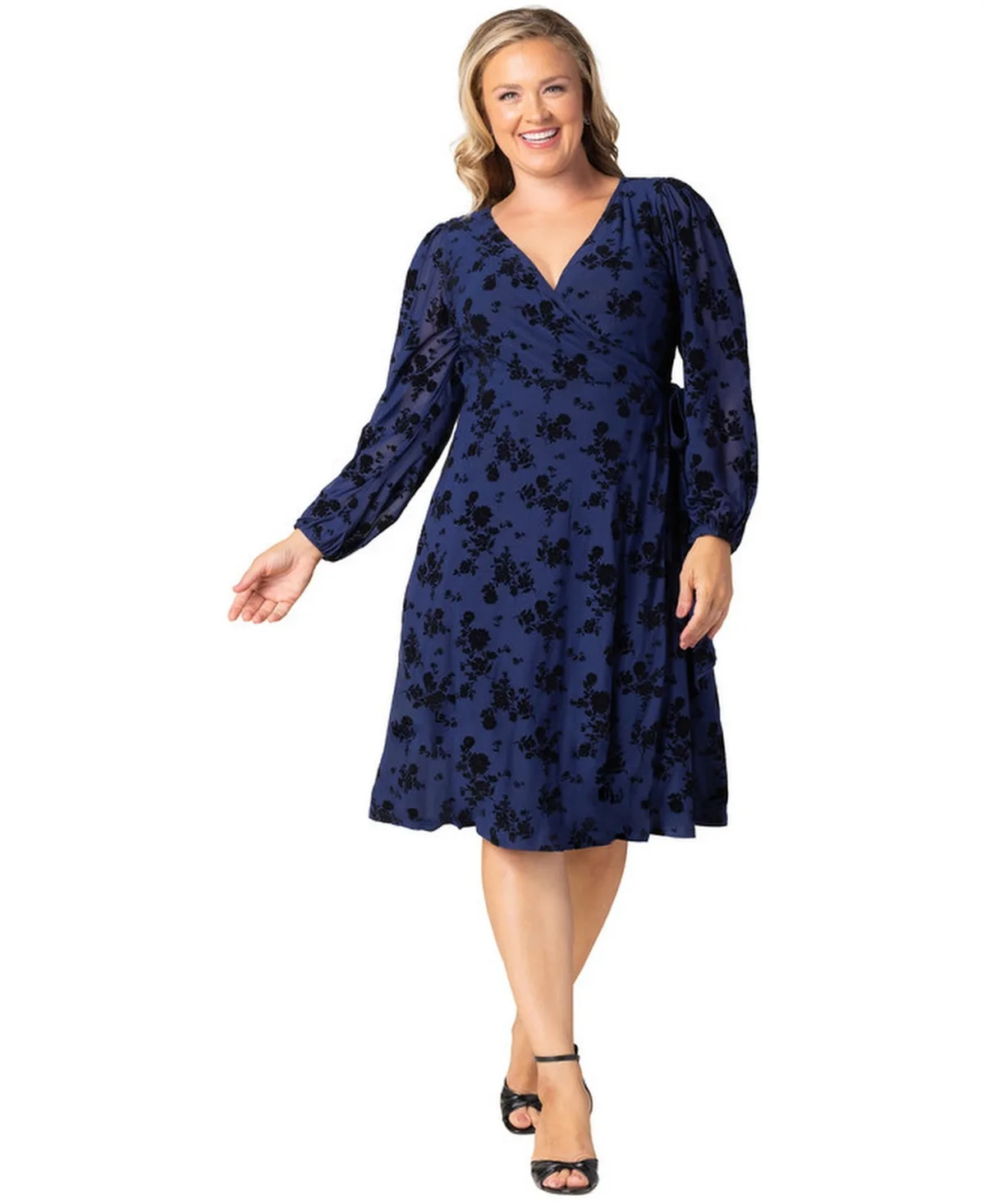 Blair Long-Sleeve Floral V-Neck Wrap Dress by Kiyonna