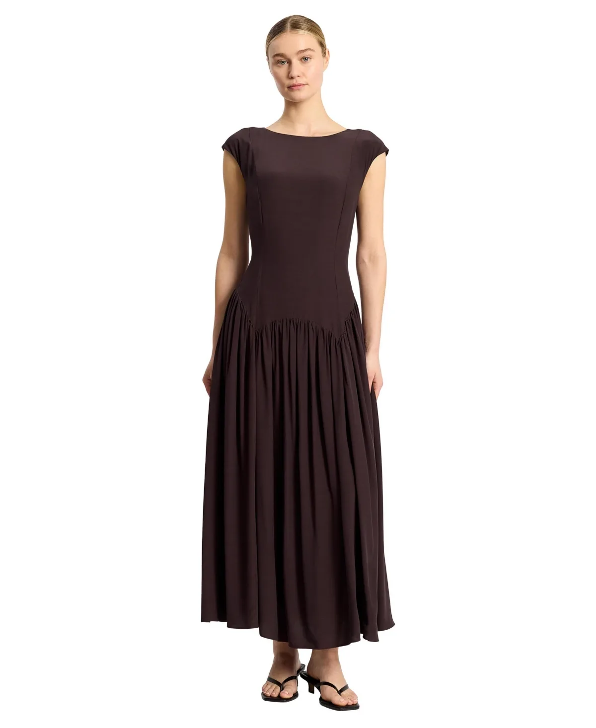 Drop-Waist Fitted-Bodice Slash-Neck Maxi Dress