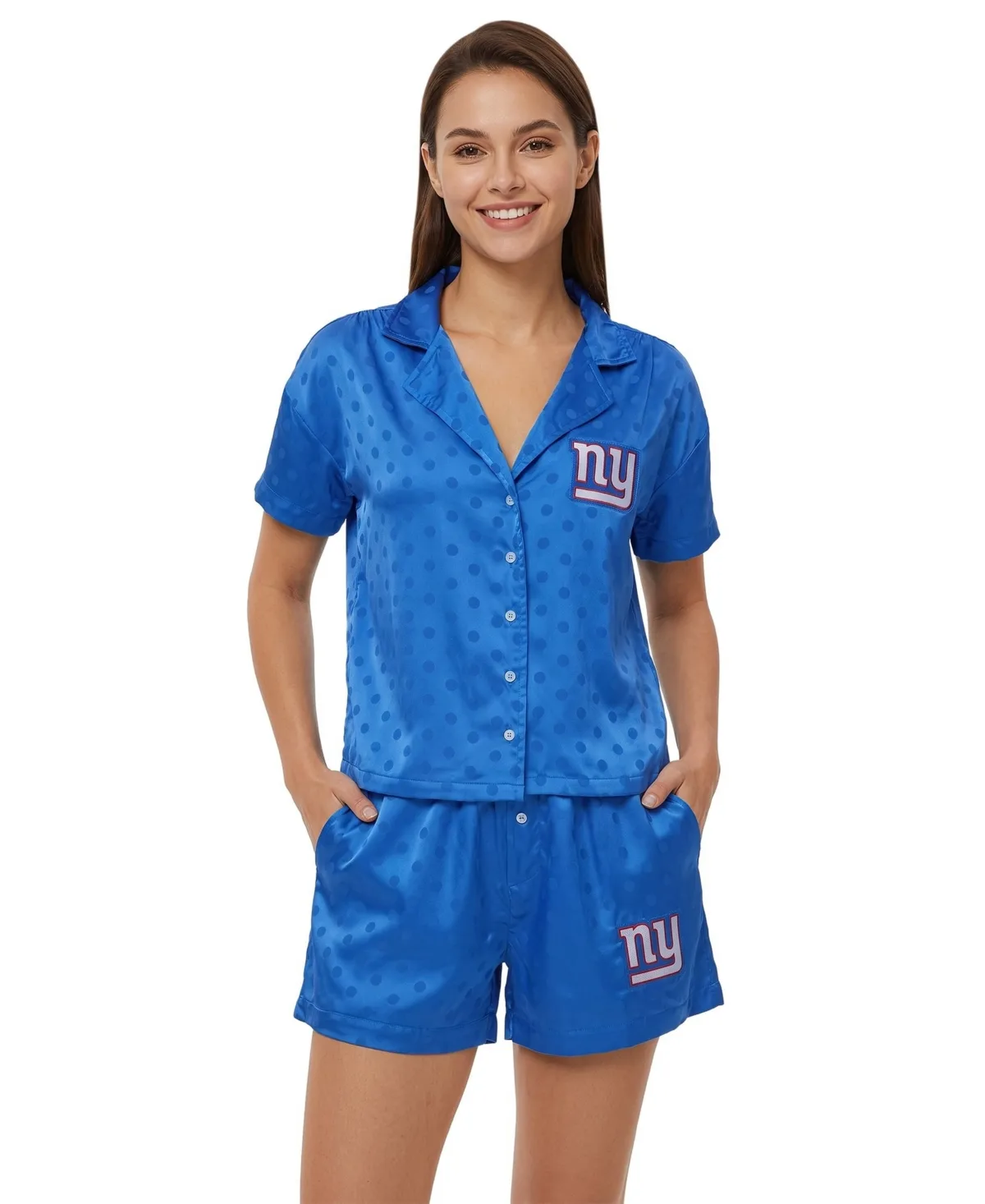 New York Giants Wink Dot Polka-Dot Button-Up Shirt and Shorts 2-Piece Pajama Set by Concepts Sport