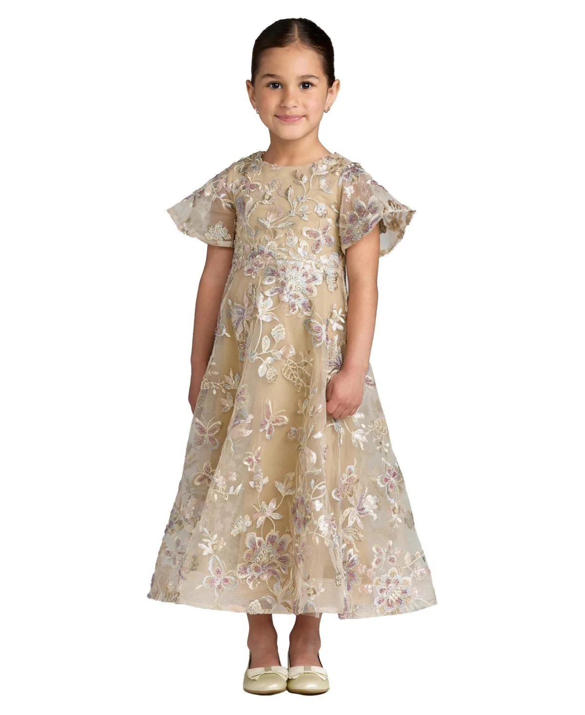 Floral Embroidered Mesh Flutter Sleeve Dress by M.A.C.