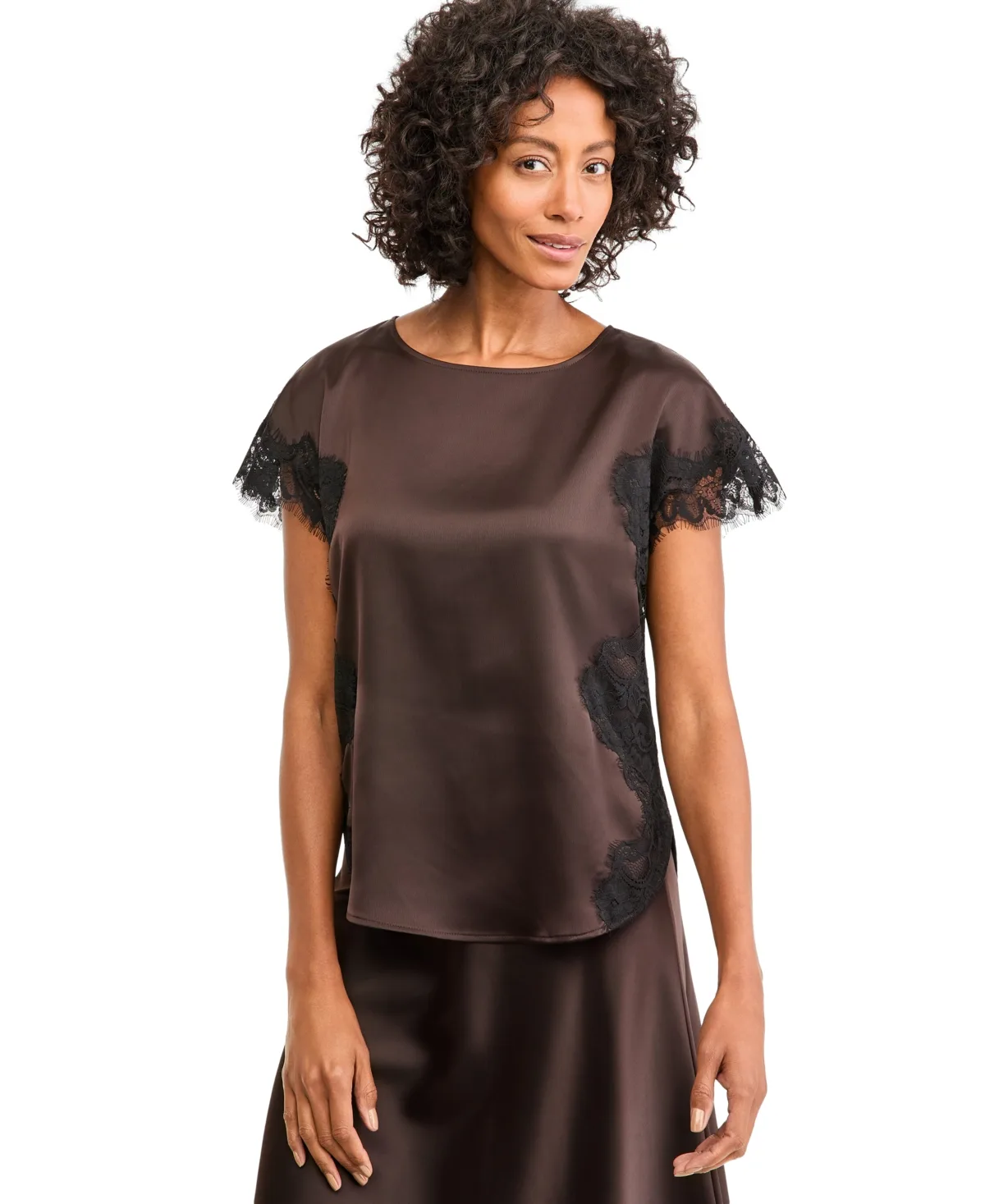 Short-Sleeve Lace-Trim Satin Top by Anne Klein