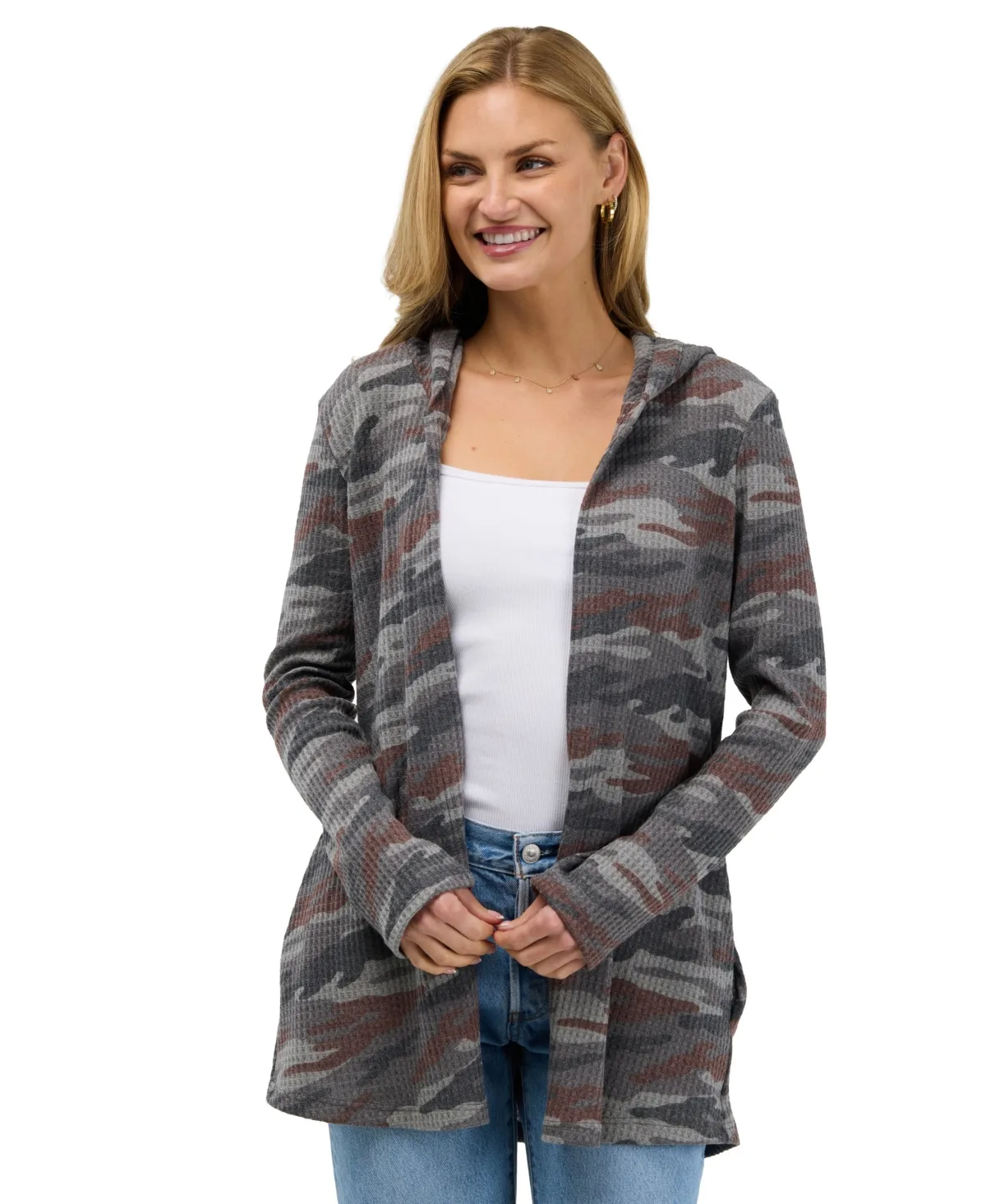 Camo Waffle-Knit Hooded Cardigan by 24seven Comfort Apparel