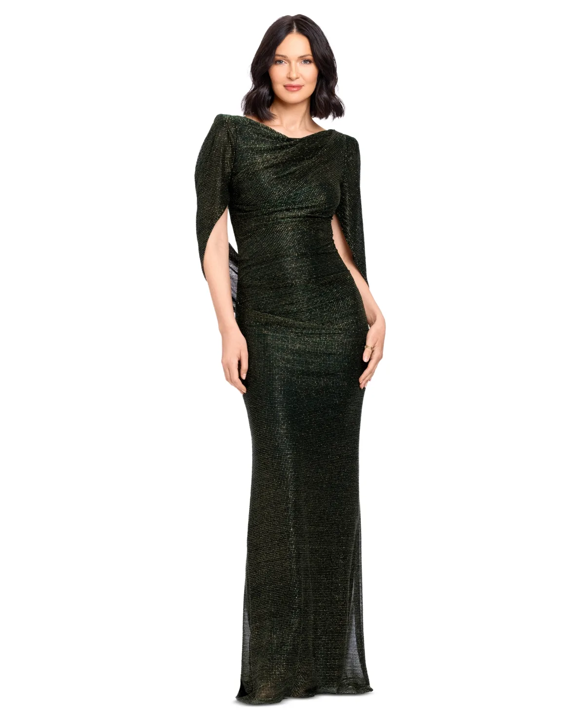 Marisol Cowl-Neck Metallic Cape-Sleeve Gown by Betsy & Adam