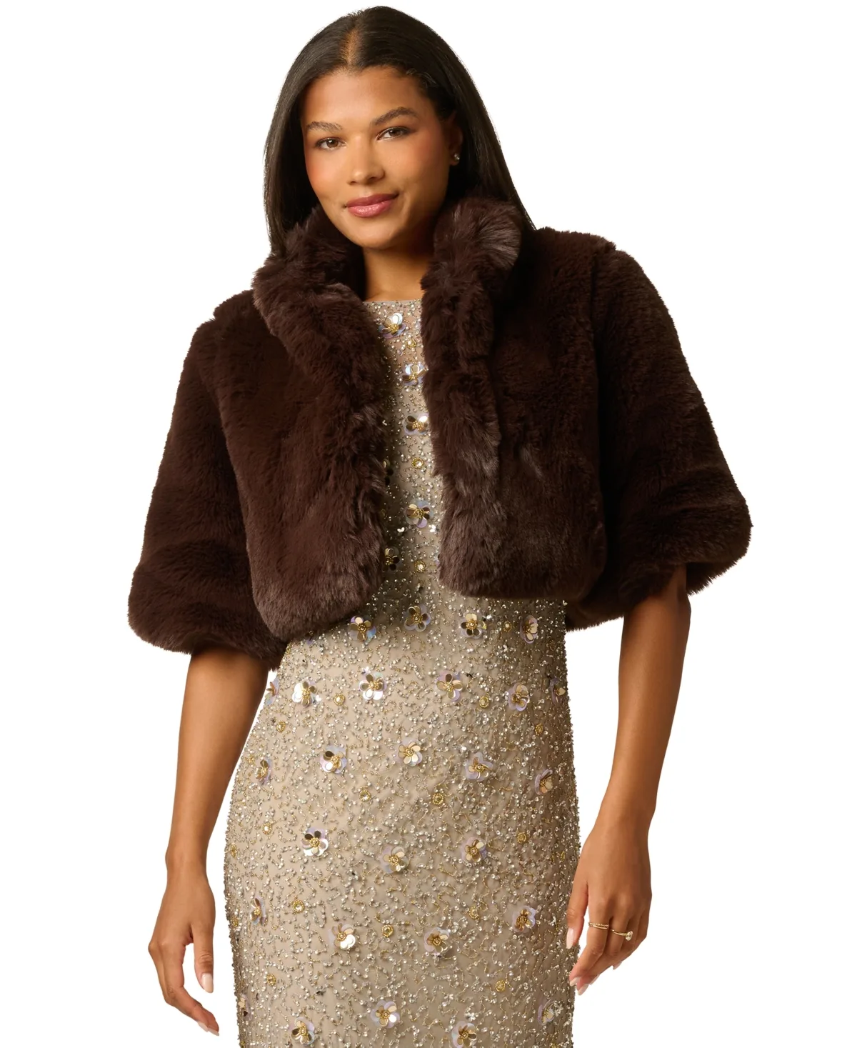 Faux Fur Cropped Shawl-Collar Jacket by Adrianna Papell