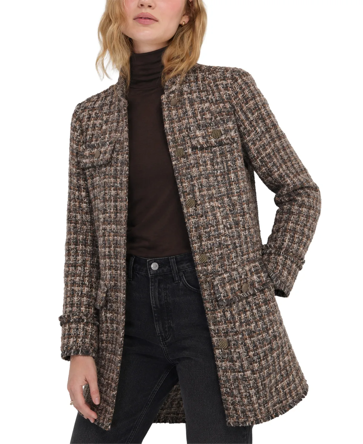 Mandarin Collar Faux Fur Tweed Coat by Liverpool Los Angeles