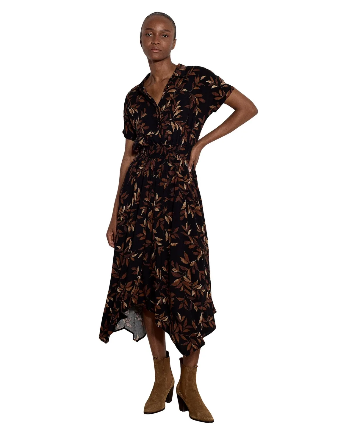 Floral-Print Short-Sleeve Hanky-Hem Midi Dress by Apricot