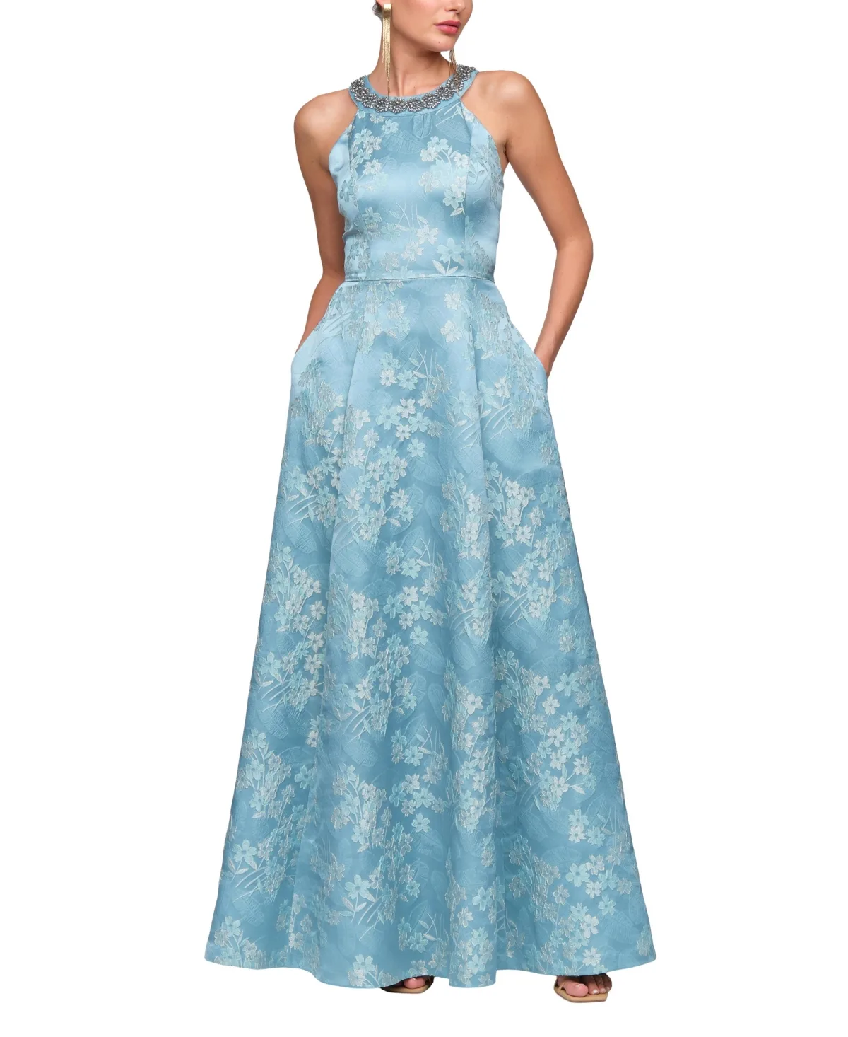 Donatella Floral-Jacquard Beaded Halter Gown by JS Collections