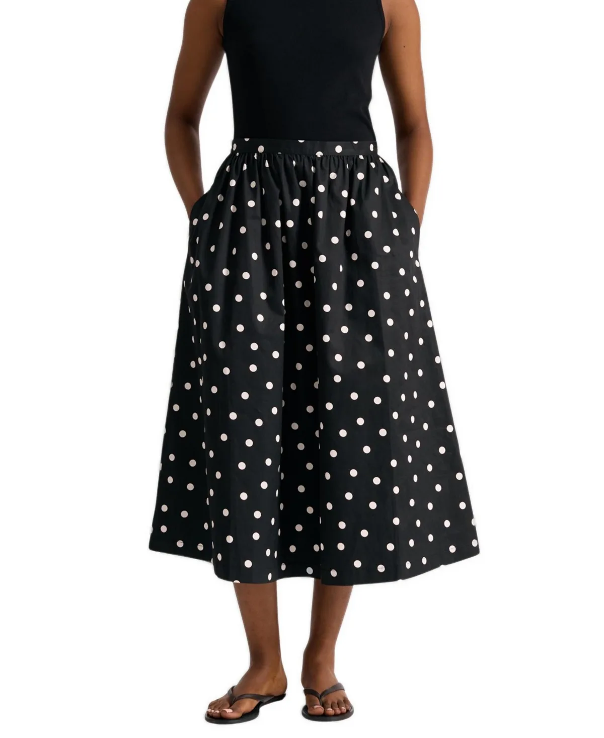Polka-Dot High-Waist A-Line Cotton Midi Skirt