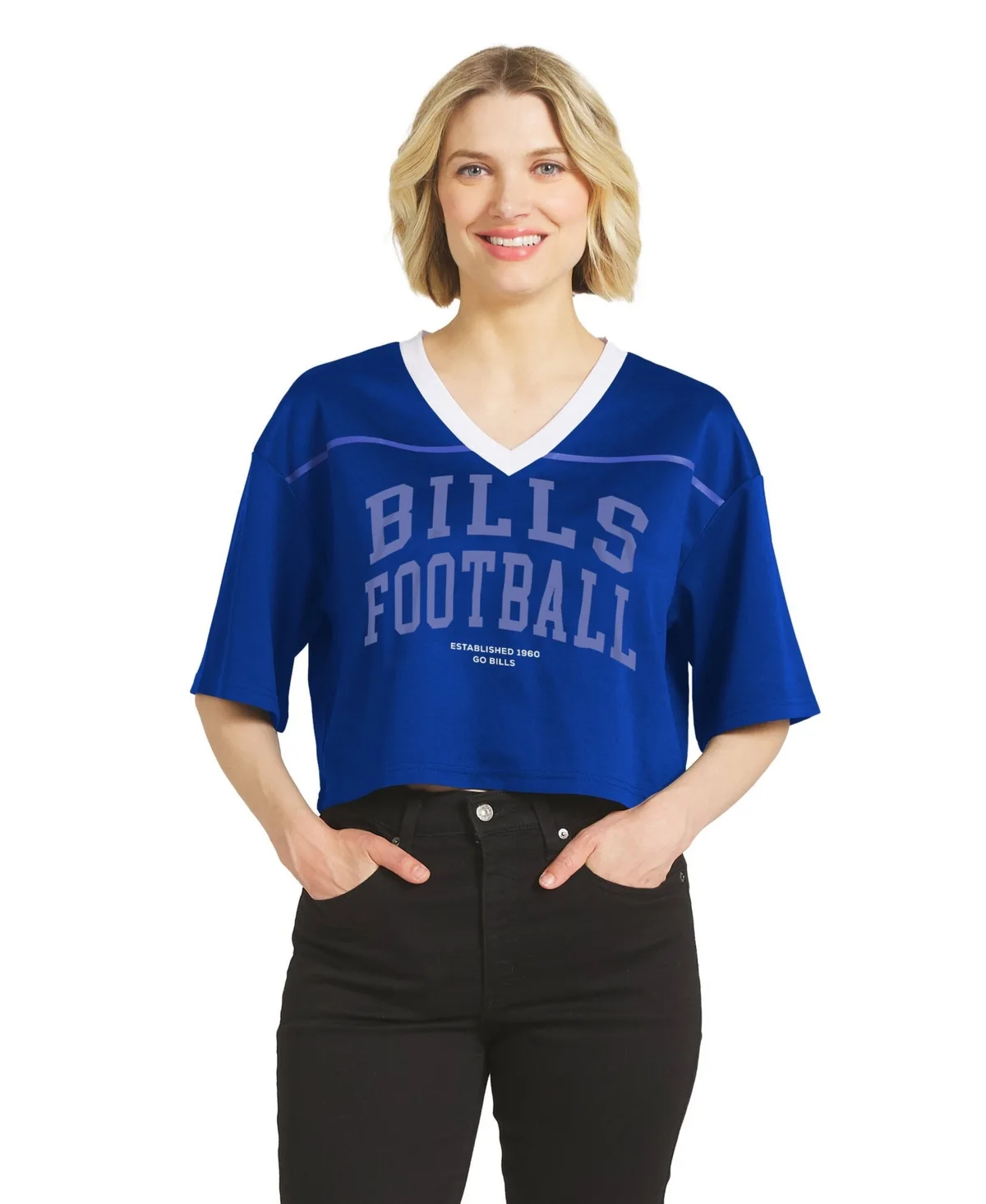 Buffalo Bills Cropped V-Neck Jersey T-Shirt by Wear by Erin Andrews