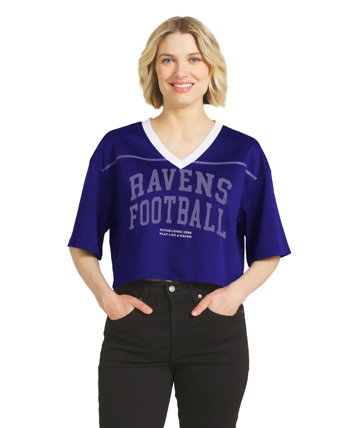 Baltimore Ravens Cropped V-Neck Jersey T-Shirt by Wear by Erin Andrews