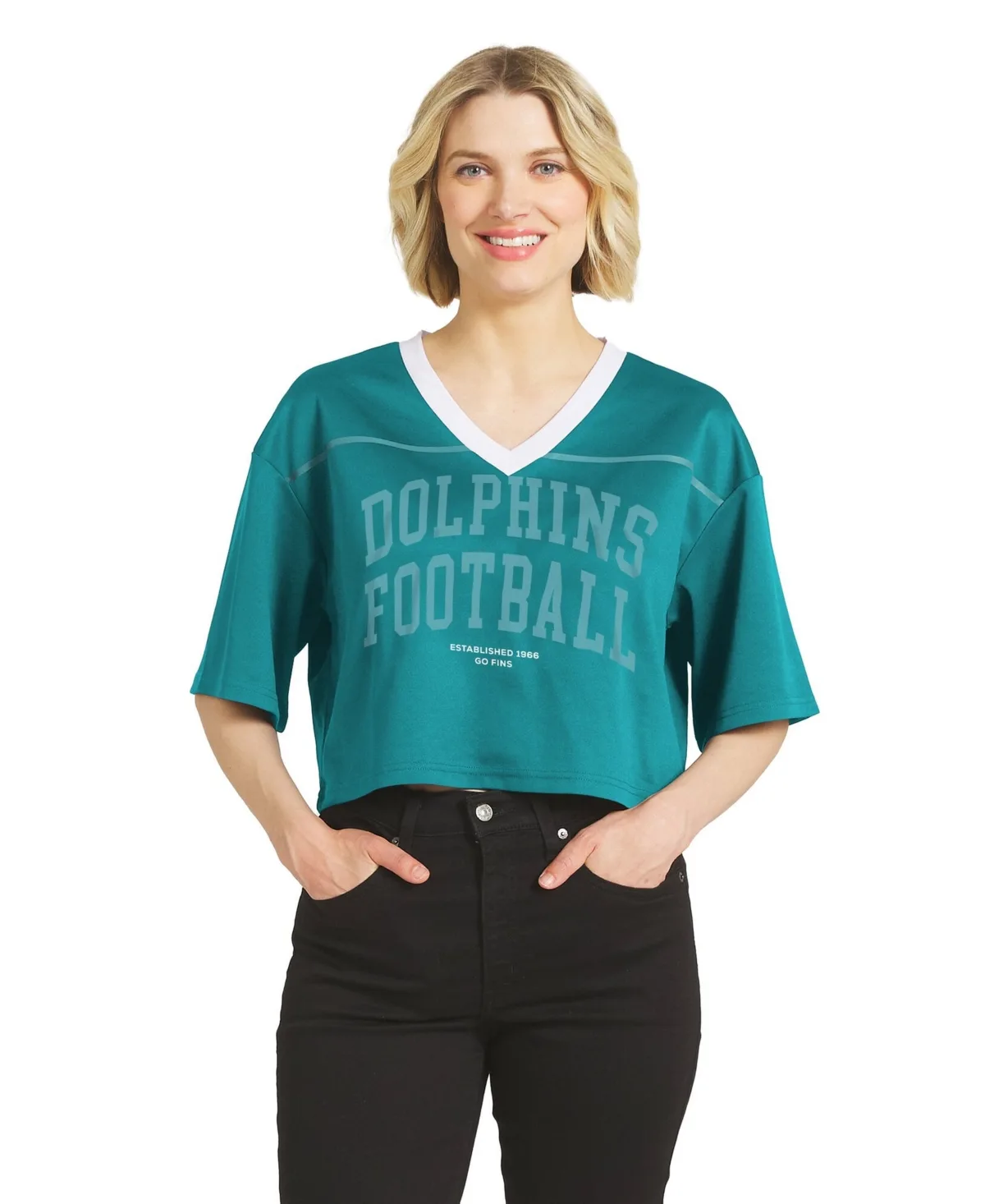 Miami Dolphins Cropped V-Neck Jersey T-Shirt by Wear by Erin Andrews