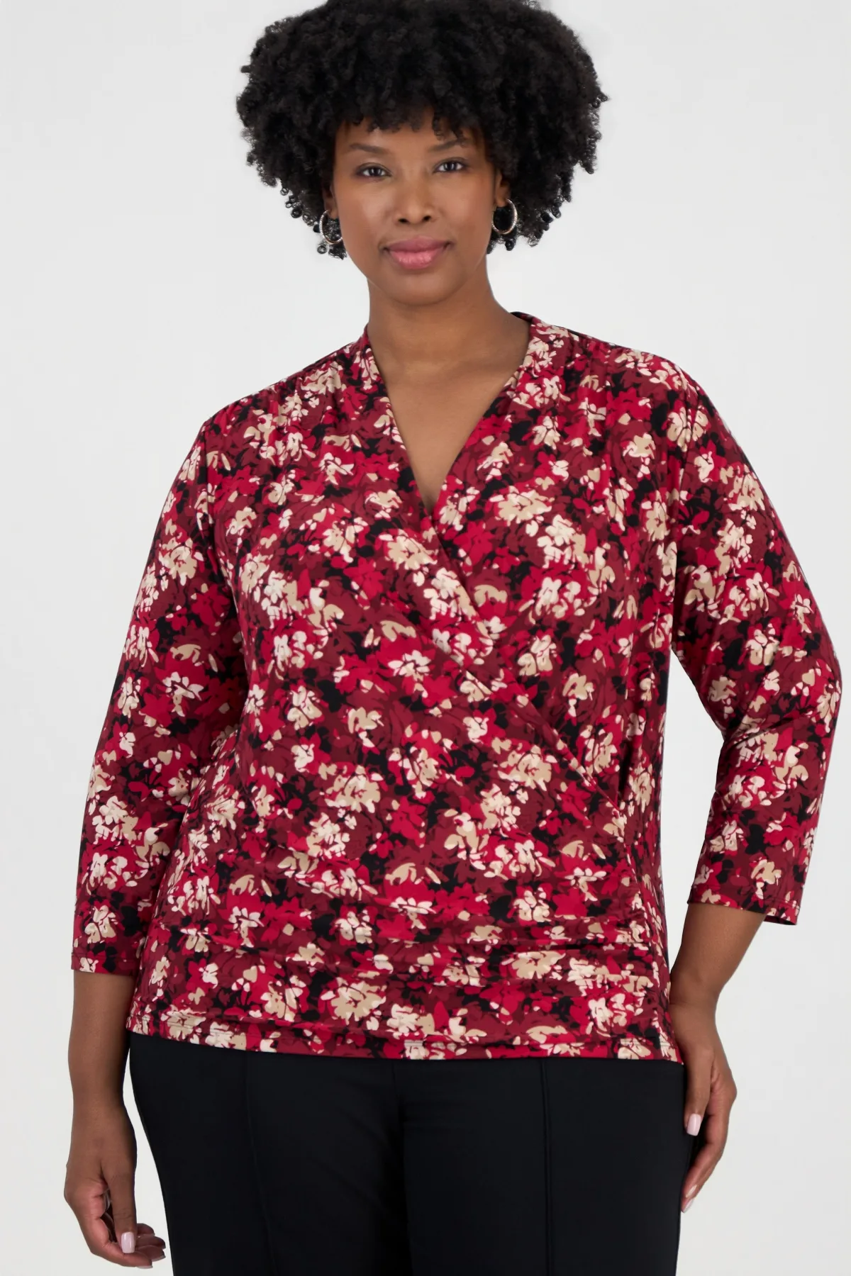 Faux Wrap Floral 3/4-Sleeve Top
