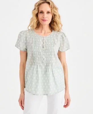 Printed Cotton Pintuck Flutter Sleeve Top by Style & Co