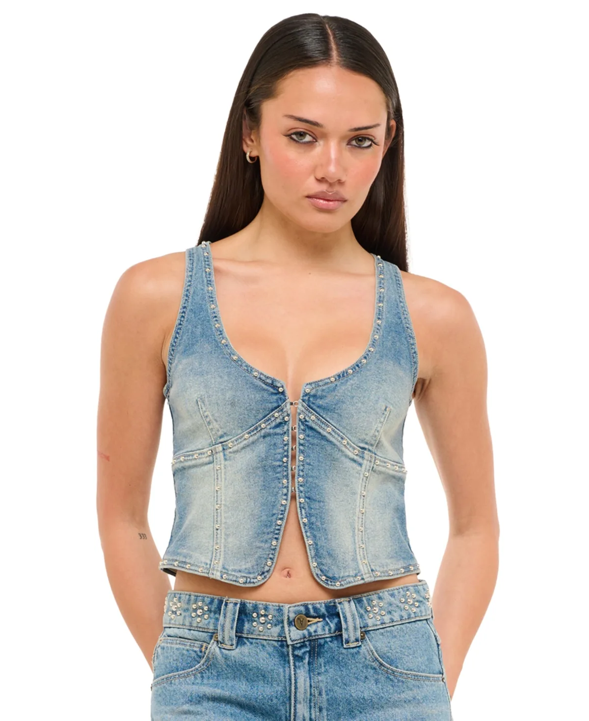 Coyote Cropped Studded Scoop-Neck Denim Vest by Abrand