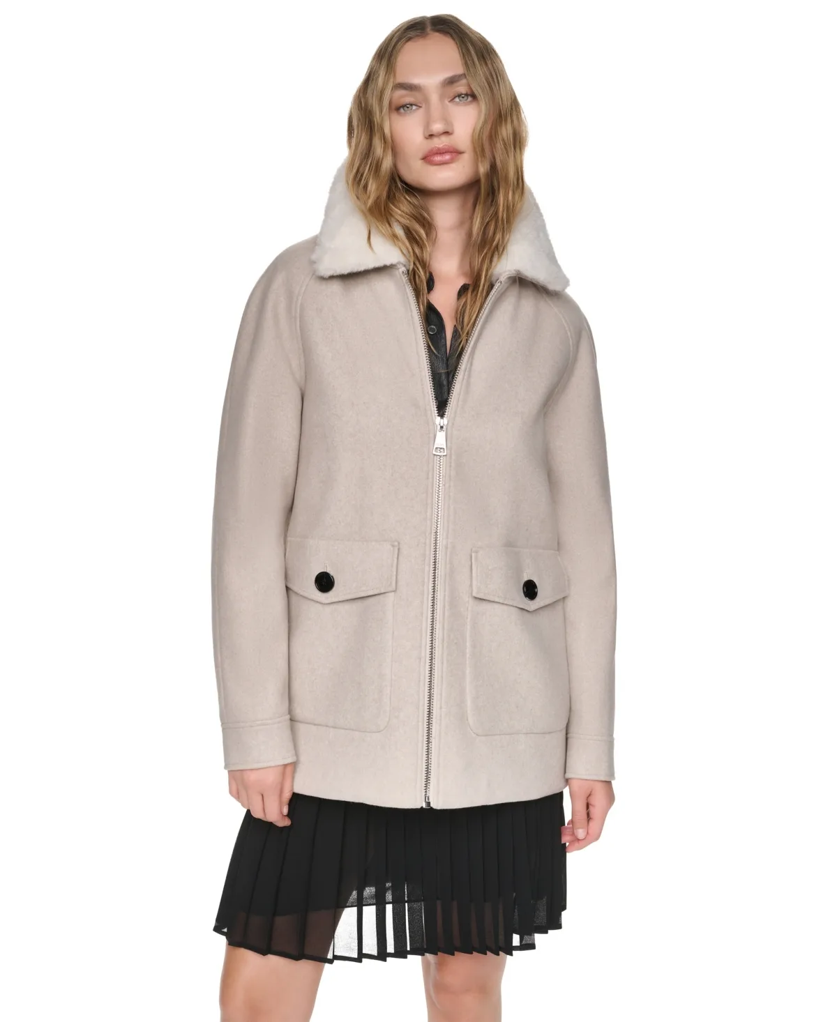 Removable Sherpa Collar Short Coat by DKNY