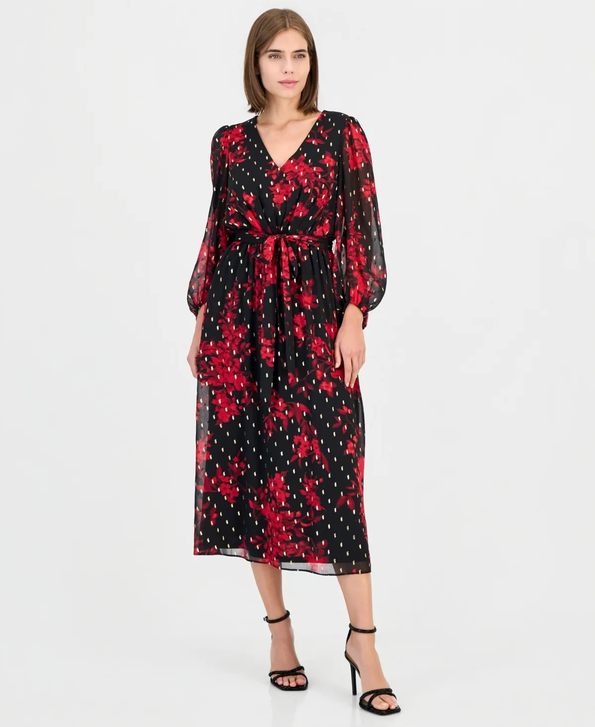 Floral-Print Long-Sleeve V-Neck Chiffon Midi Dress
