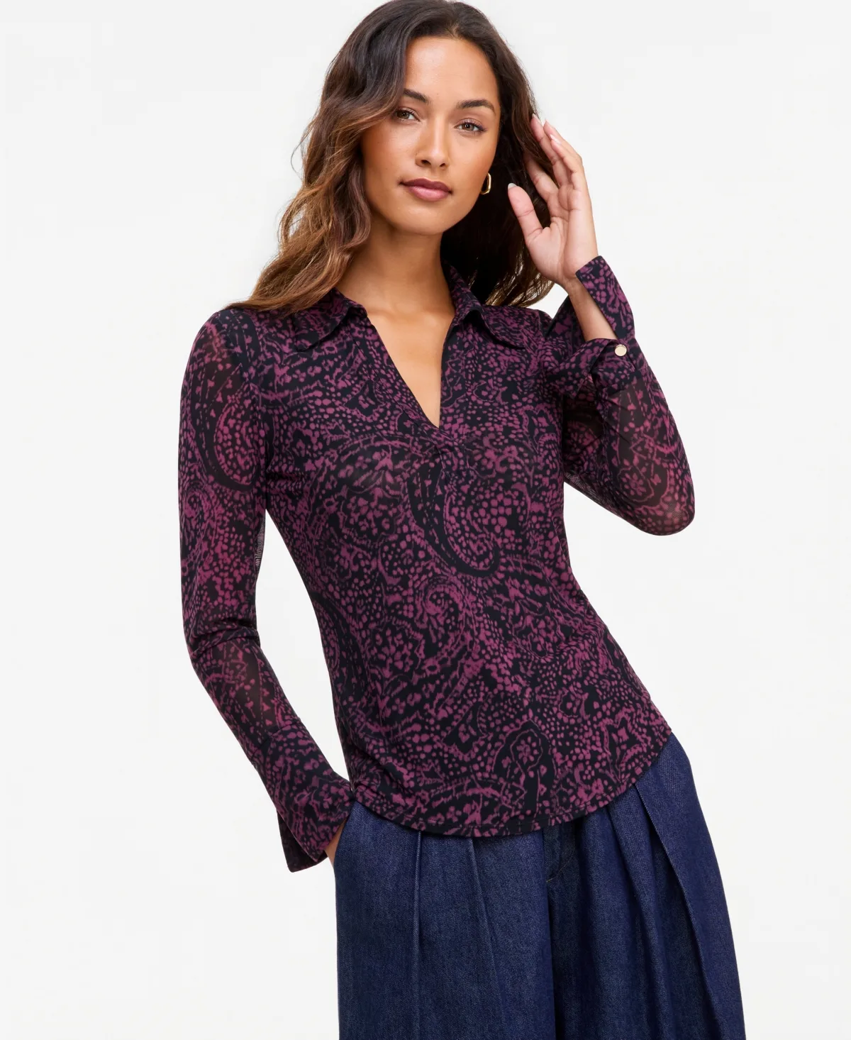 Collared Printed V-Neck Long-Sleeve Mesh Top by INC International Concepts