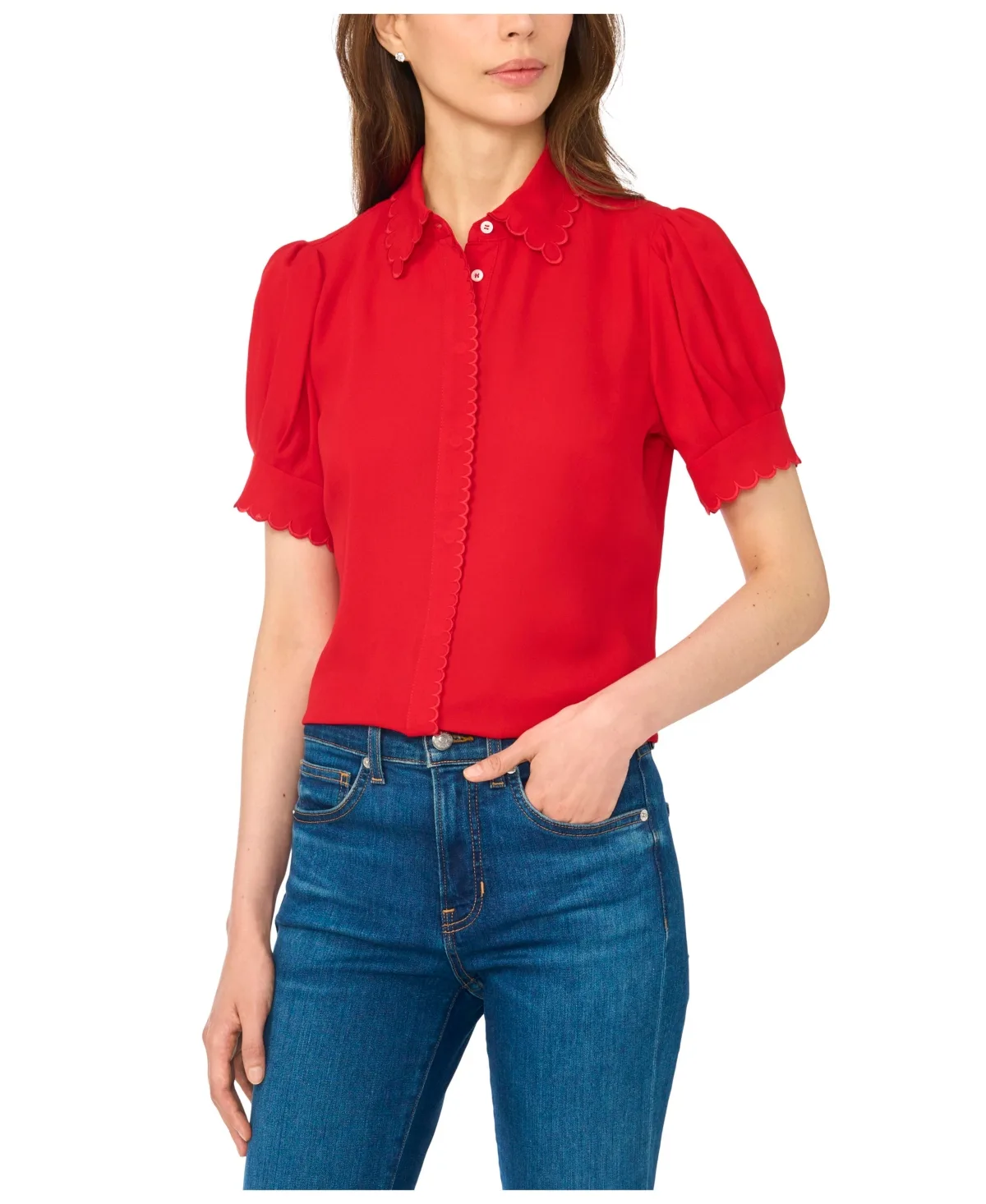 Scallop Button-Down Short-Sleeve Top by CeCe