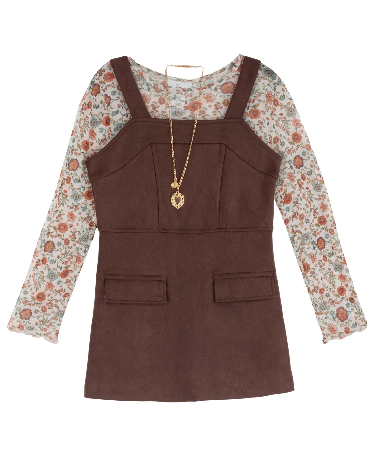Faux-Suede Square-Neck Floral-Print Jumper Top and Necklace 3-Piece Set by Rare Editions