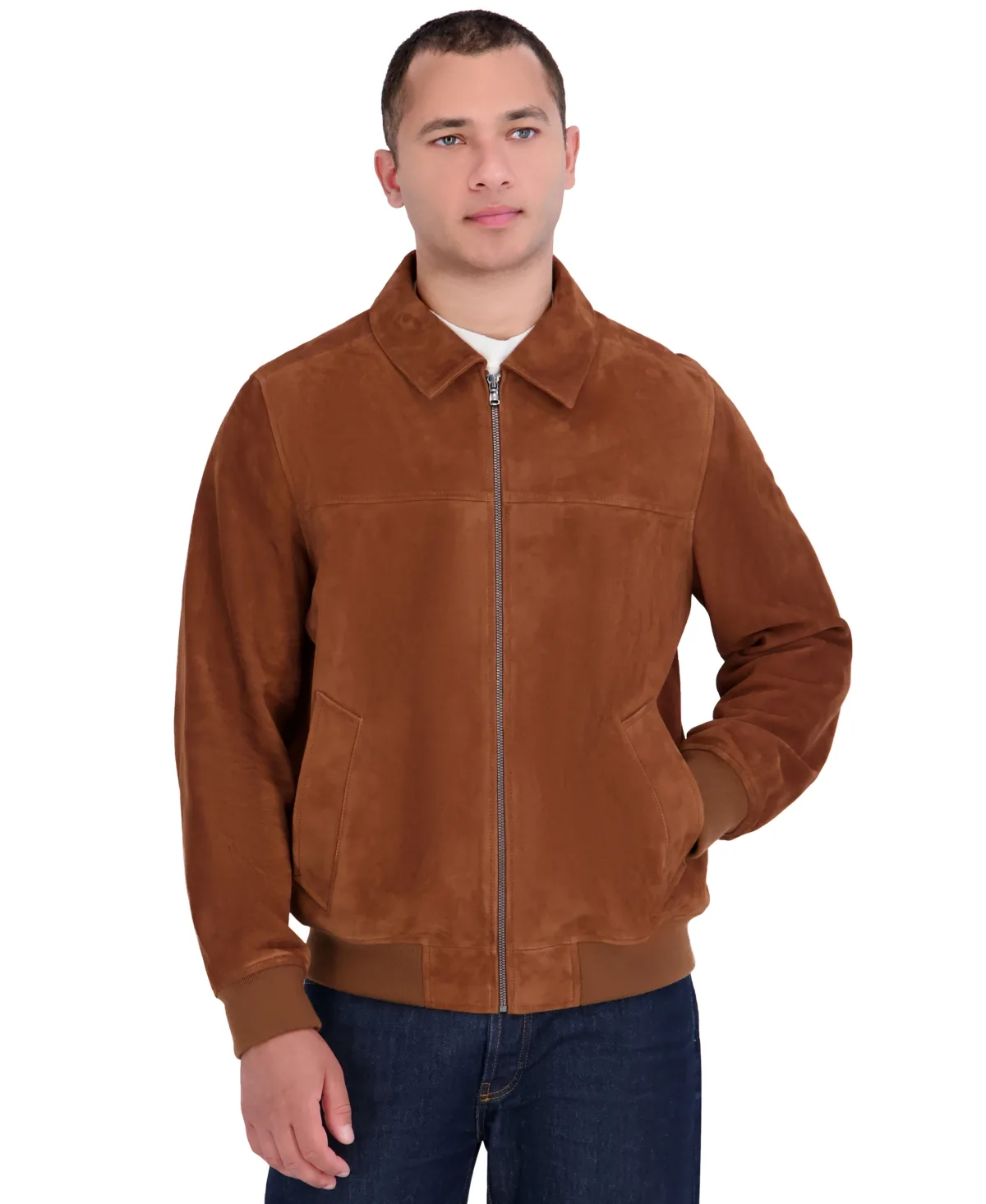 Genuine Suede Shirt-Collar Bomber Jacket