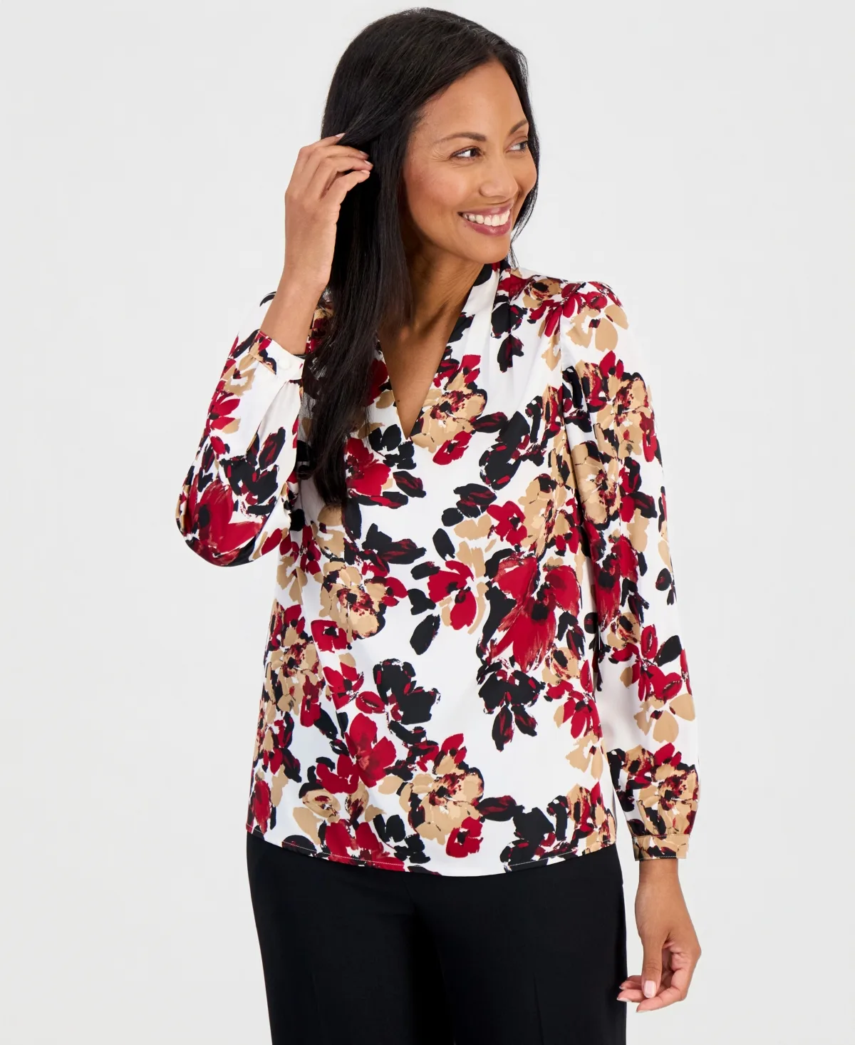 V-Neck Long-Sleeve Floral-Print Blouse by Kasper