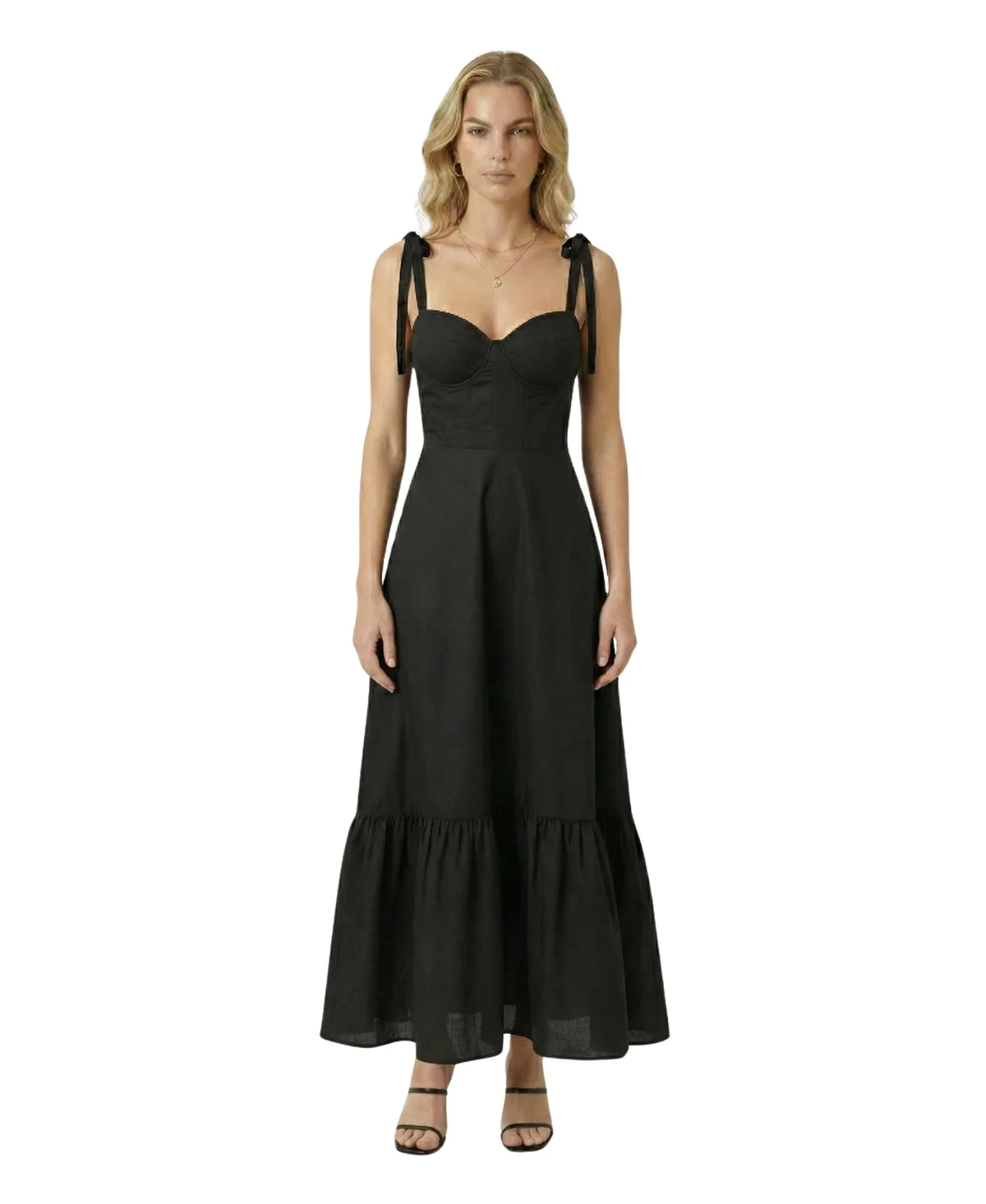 Sweetheart-Neck Tie-Strap Ruffle-Hem Dress by Modenaire