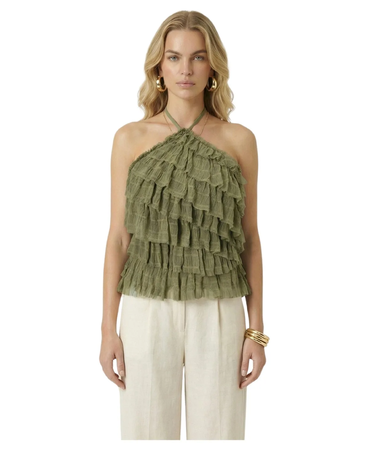 Ruffled Tiered Textured Halter Top by Modenaire