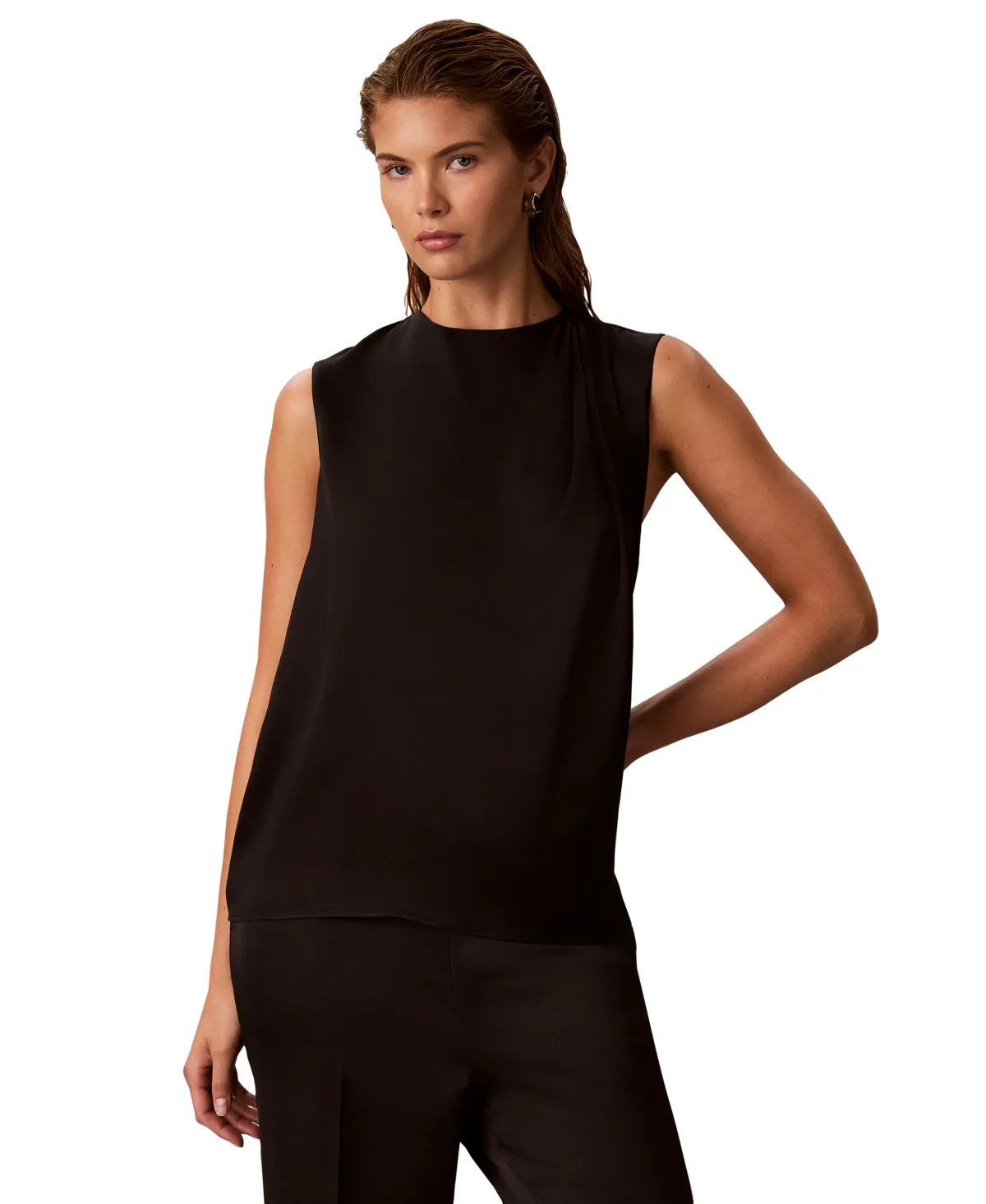 Sleeveless Satin Pleated-Crewneck Shell by Calvin Klein