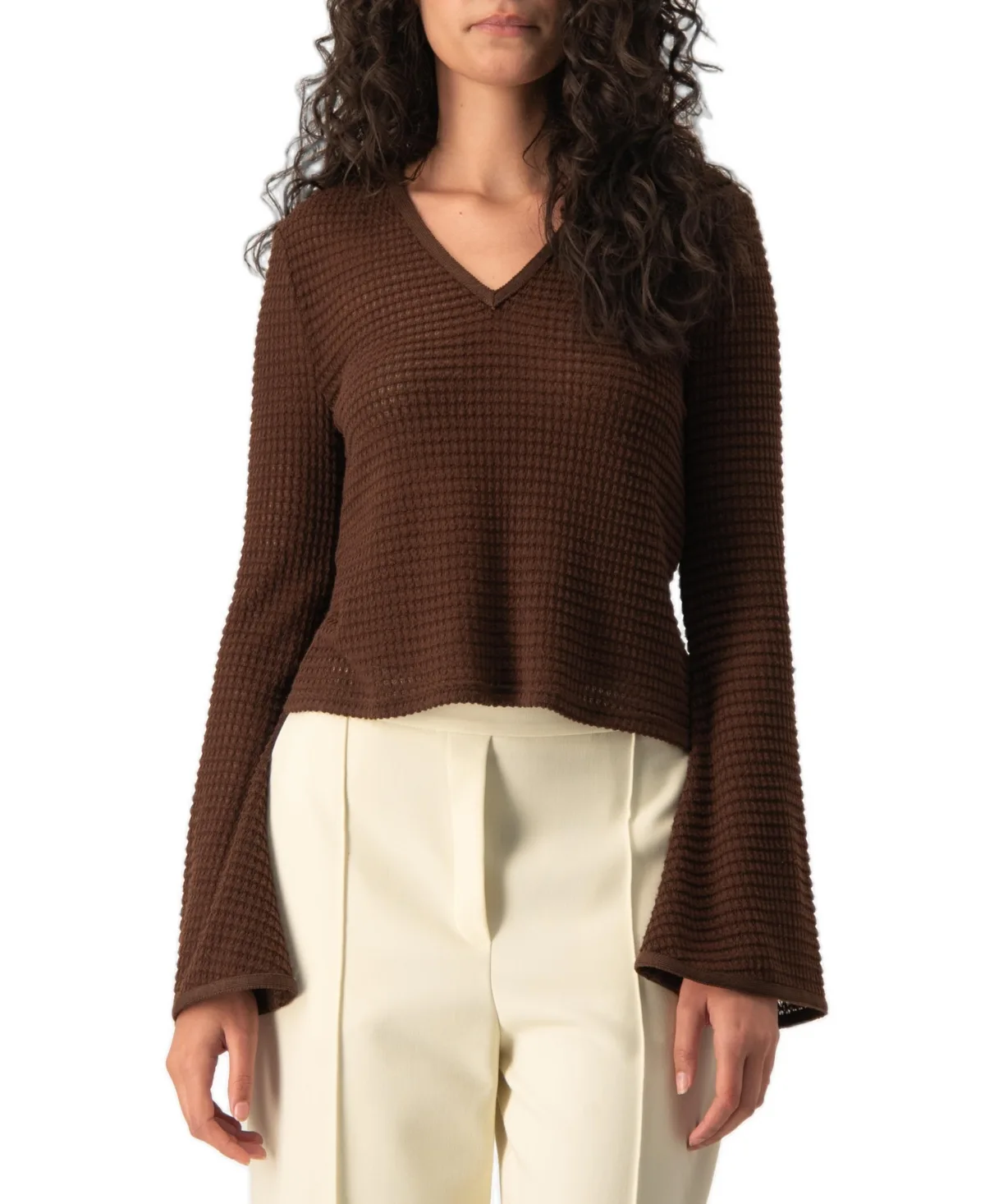 Waffle-Knit Cropped Bell-Sleeve V-Neck Sweater by Ivonne