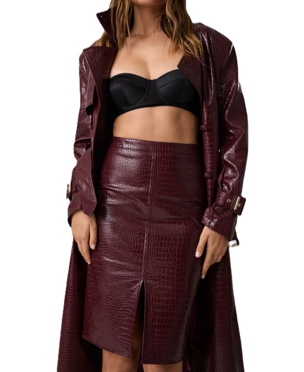 Faux Leather Pencil Midi Skirt with Front Slit by GUESS
