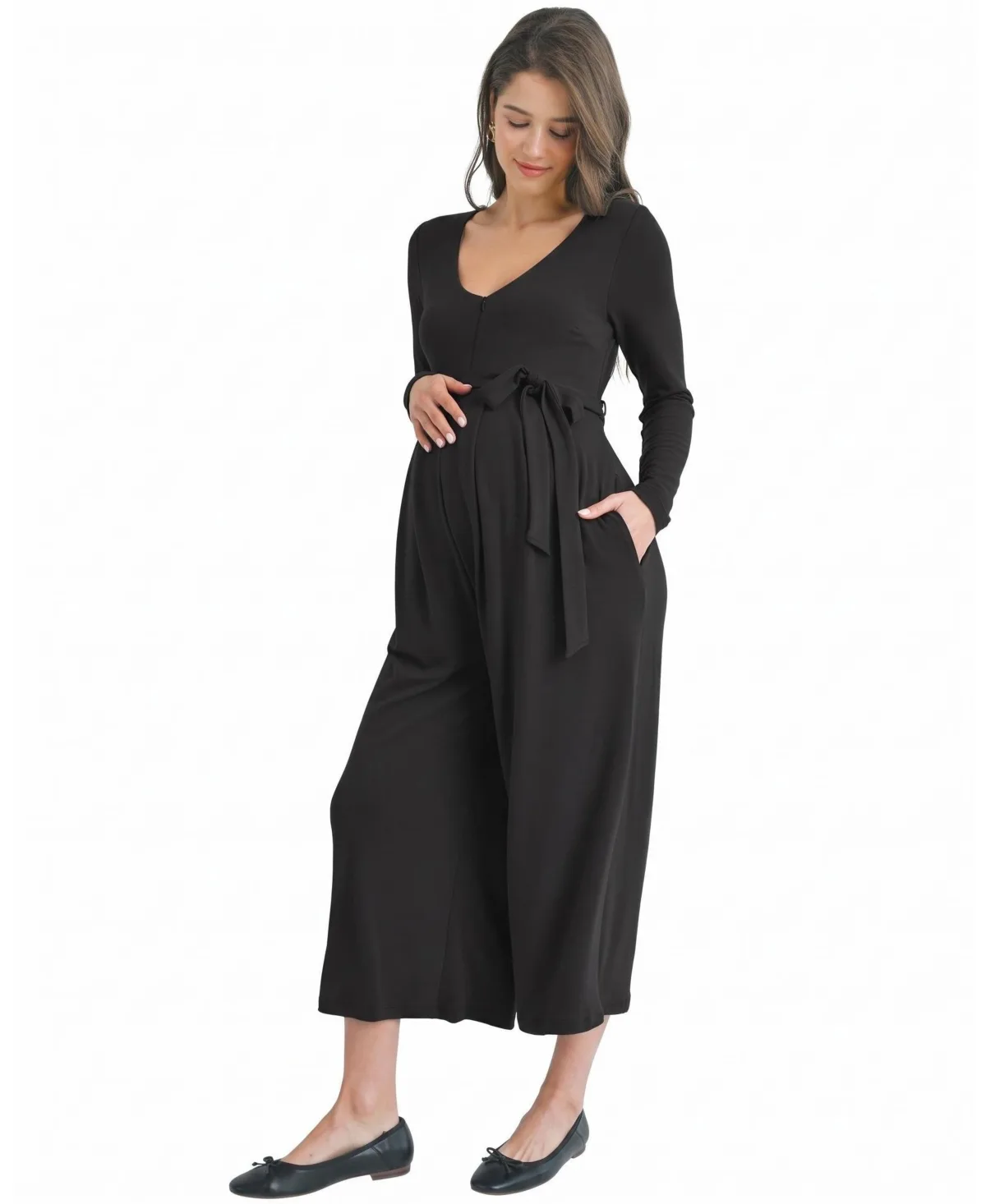 Zip-Up Long-Sleeve Belted Wide-Leg Nursing Jumpsuit by Hello Miz