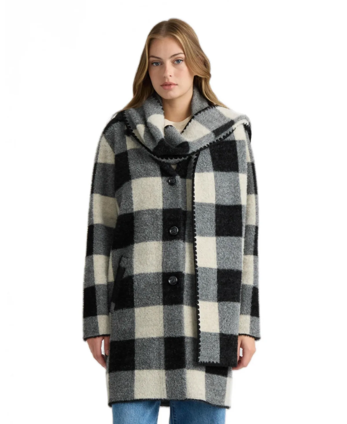 Eyelash Coatigan with Scarf Buffalo Plaid Notch Collar Jacket by Nvlt