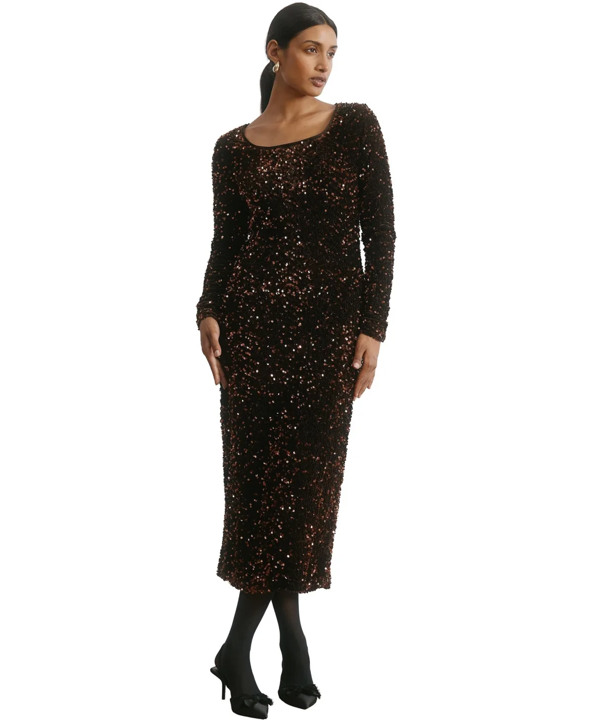 Long-Sleeve Sequin Velvet Midi Dress