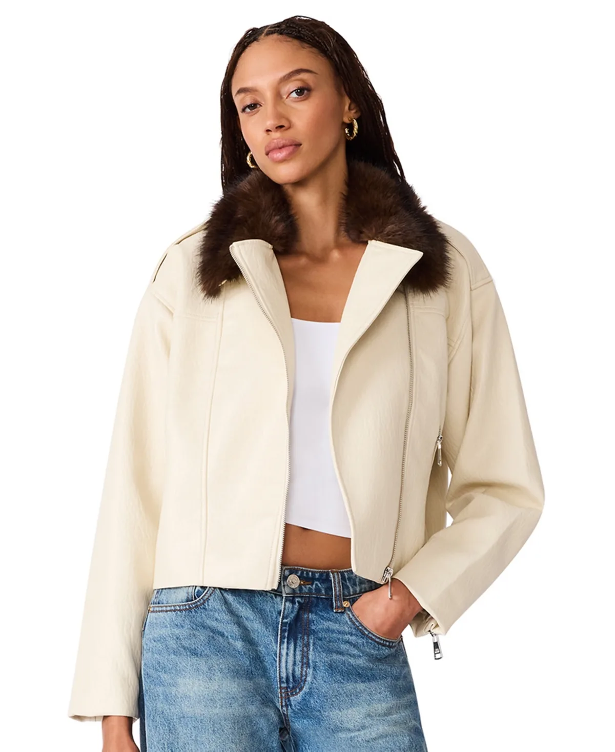 Silas Motorcycle Cropped Faux-Fur-Trimmed Collar Faux Leather Jacket by Steve Madden