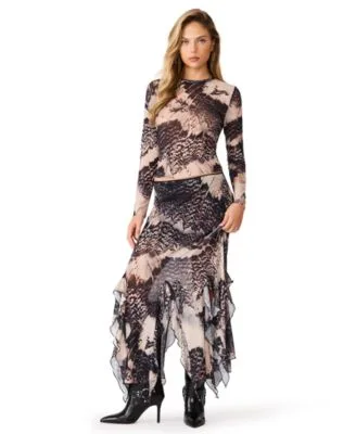 Sheer Long Sleeve Top Chiffon Maxi Asymmetrical Skirt by Steve Madden