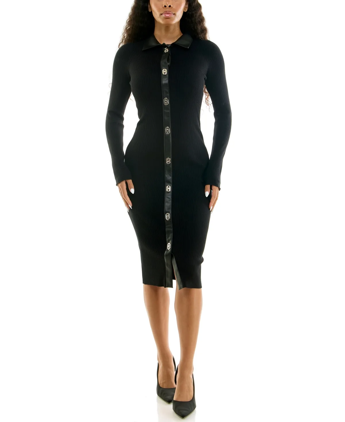 Faux Leather Polo Collar Ribbed-Knit Body-Con Midi Dress