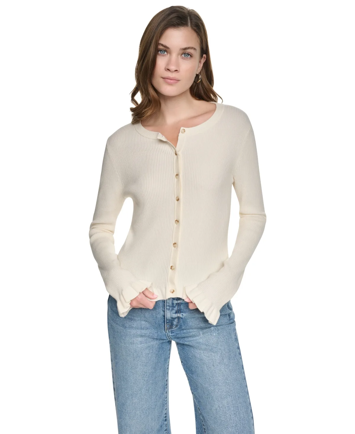 Jeans Ruffle-Trim Ribbed Crewneck Sweater by DKNY