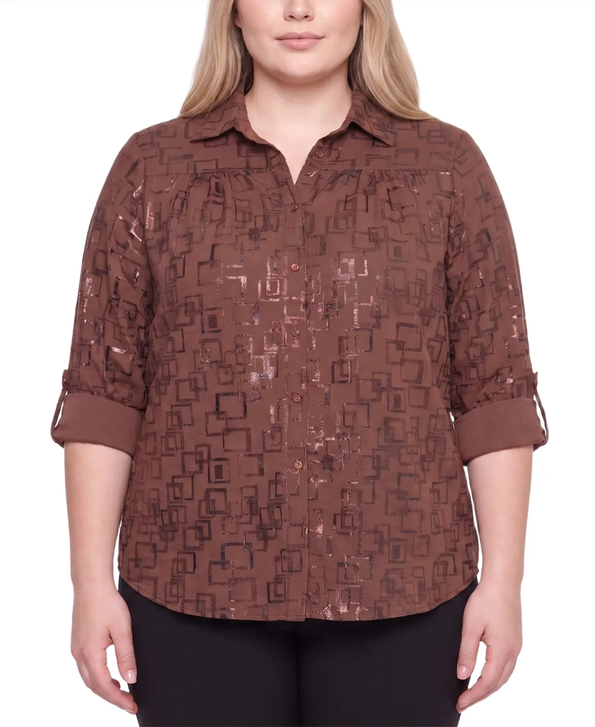 Foil Print 3/4-Sleeve Roll-Tab Collared Blouse by Ny Collection