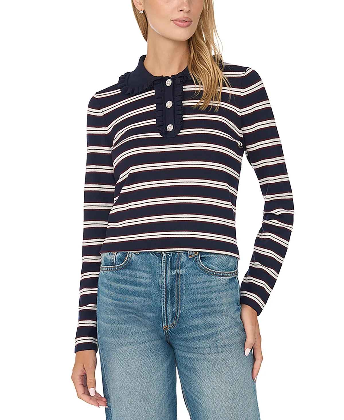 Ruffle-Collar Striped Sweater by CeCe