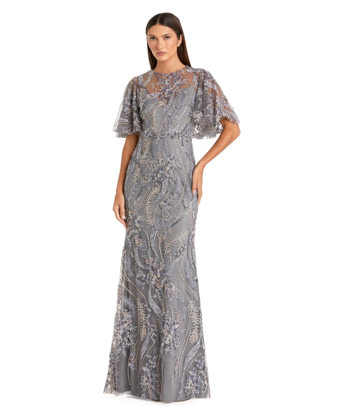 Mac Duggal Floral-Embroidered Flutter-Sleeve Gown