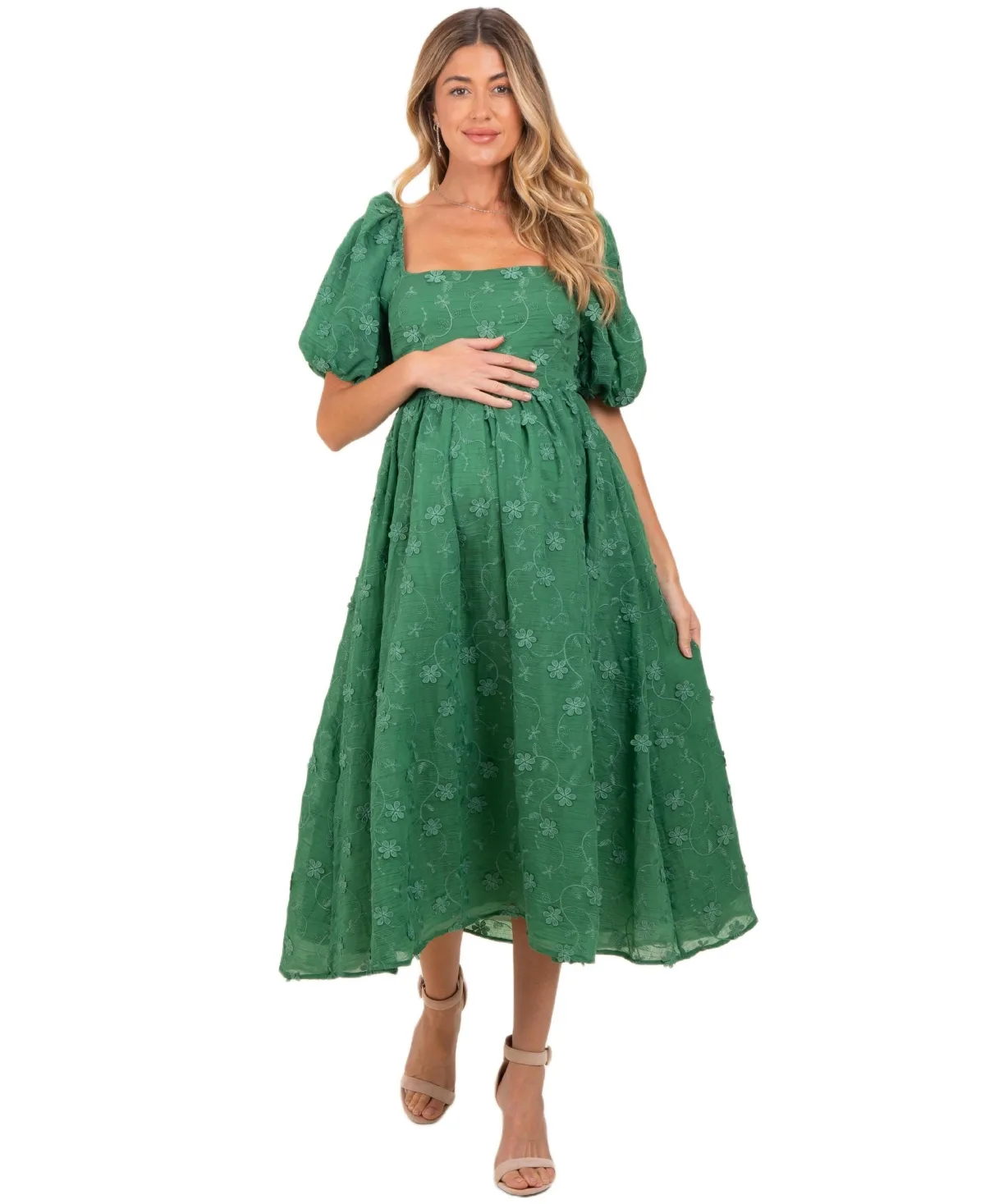 Embroidered Floral Puff Sleeve Midi Dress by PinkBlush