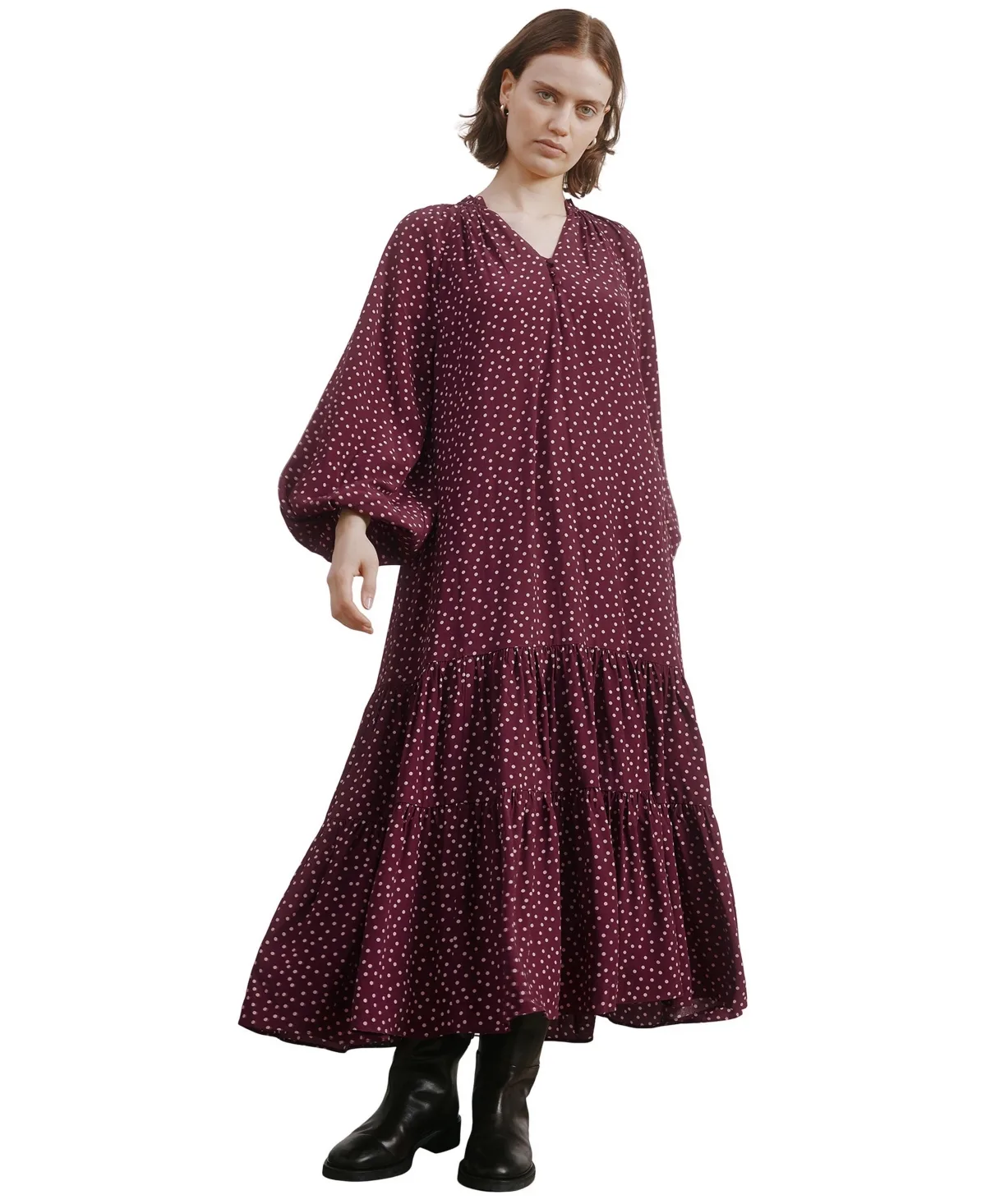 Polka-Dot Tiered V-Neck Maxi Dress by Albaray