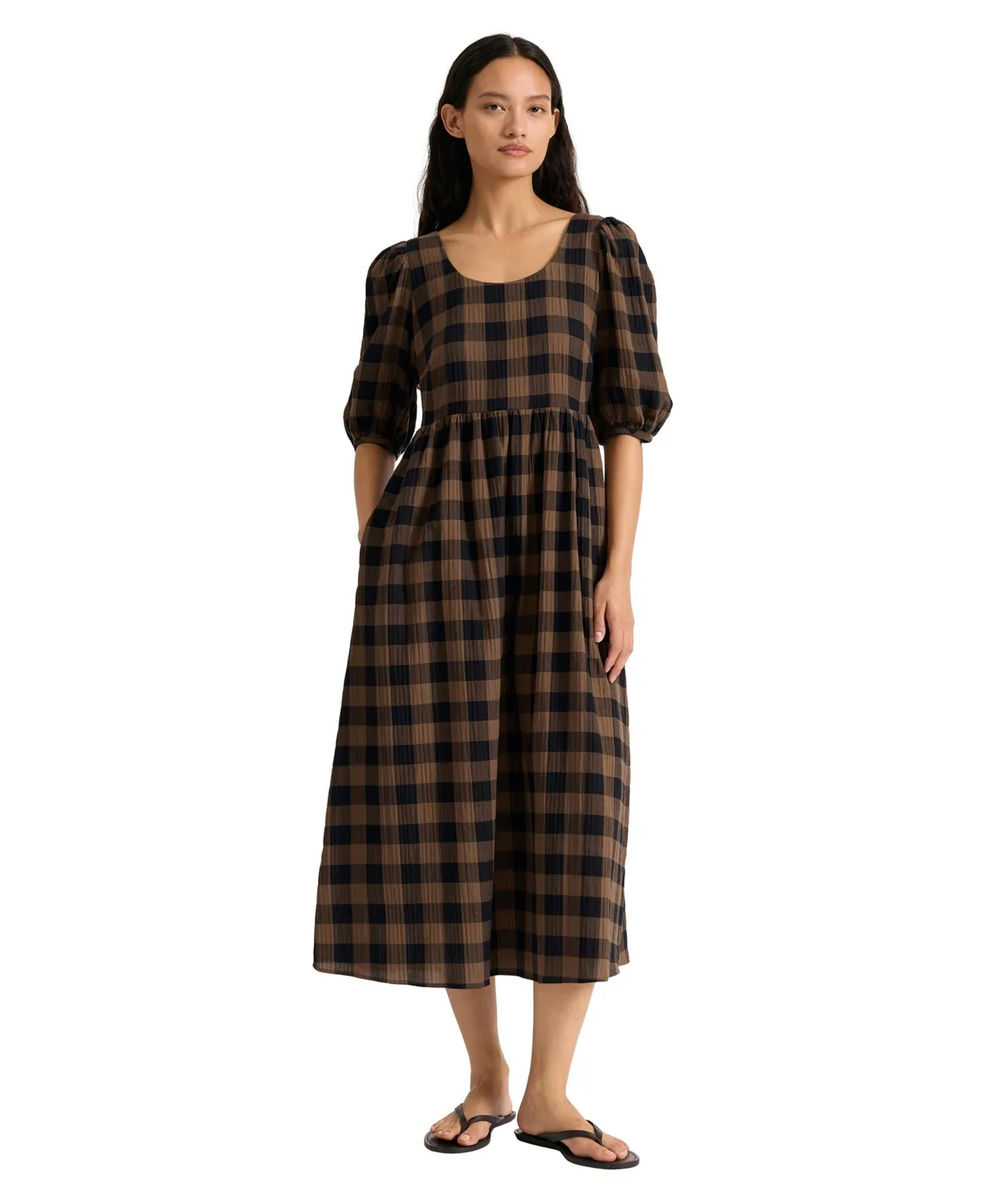 Iconic Gingham Scoop Neck A-Line Midi Dress by Albaray