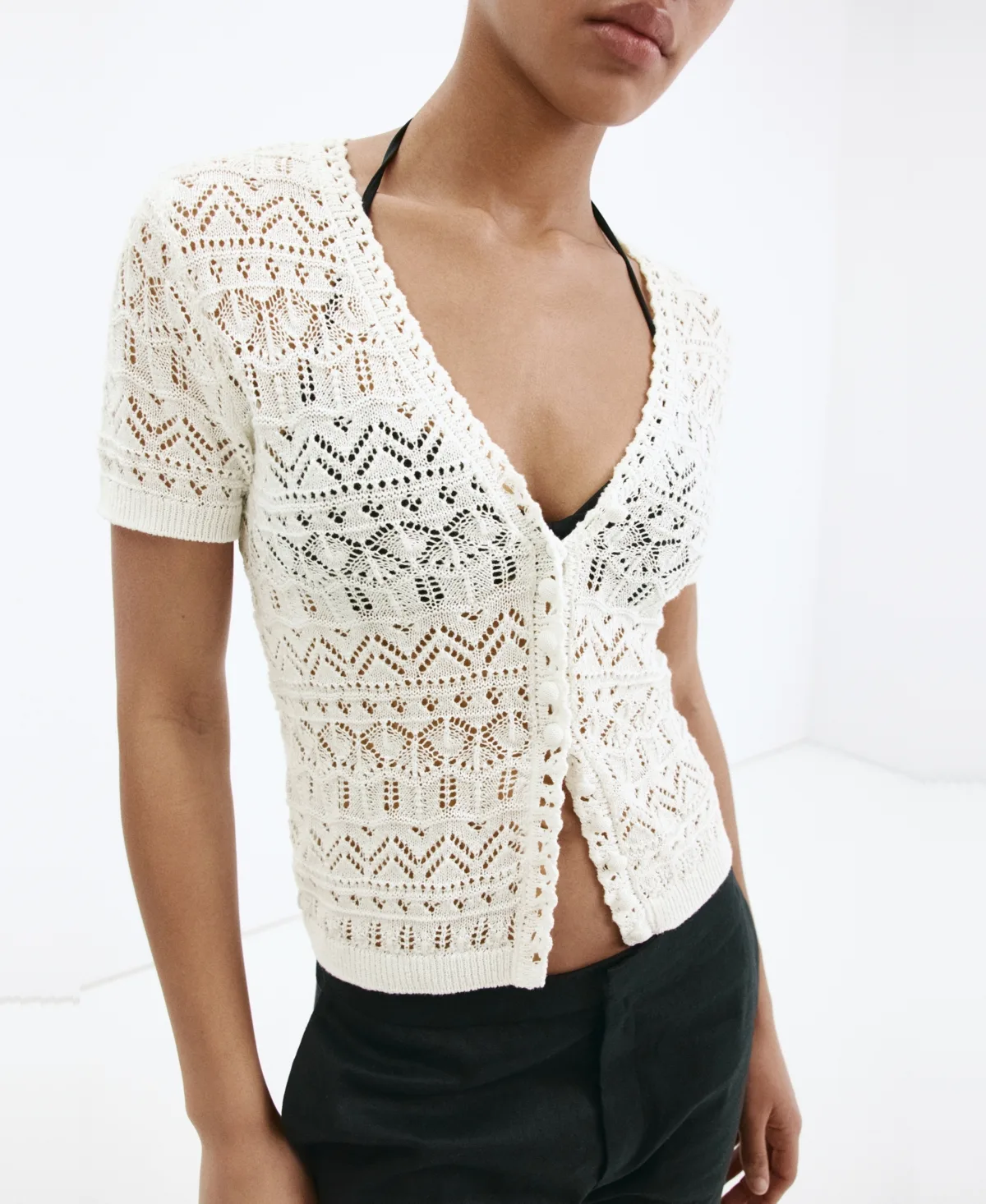 Short-Sleeve Open-Knit Cardigan Sweater by Mango